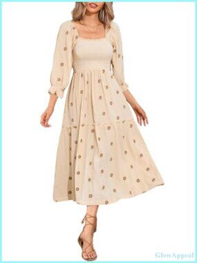 Women's Floral Cotton Embroidered Boho Midi Dress with Pockets